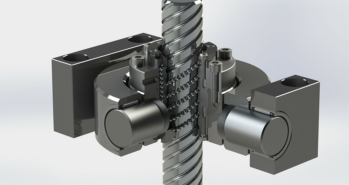 [Translate to EN:] Kreuzkardanischer Adapter zum Ausgleich von Fluchtungsfehlern bei Kugelgewinde- oder Trapezgewindetrieben